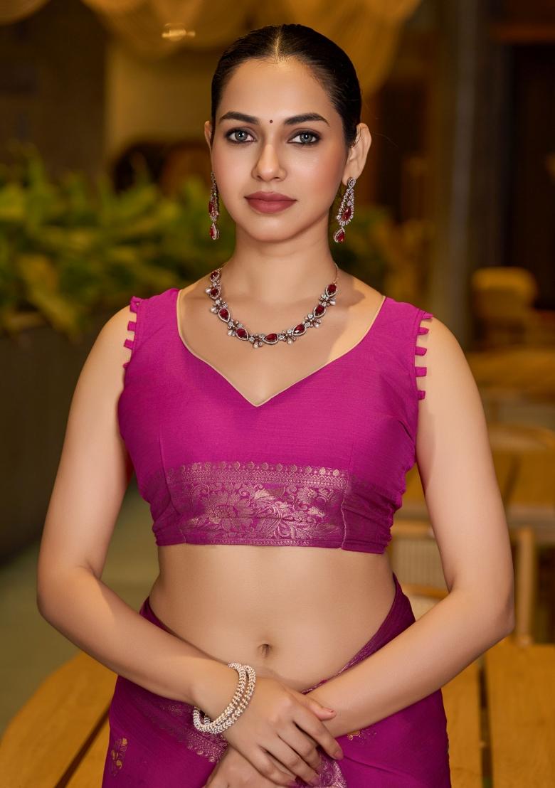 Pink Zari Woven Art Silk Saree Set