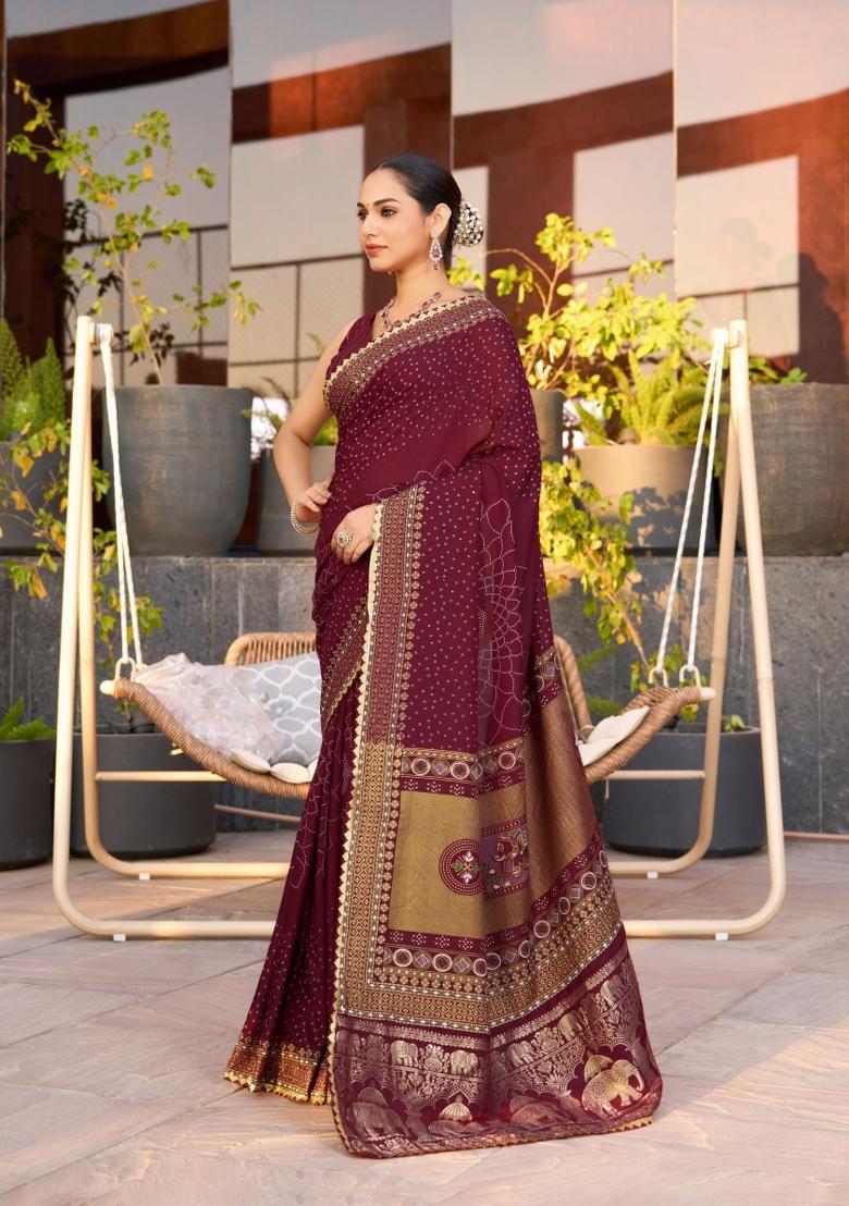 Maroon Abstract Print Cotton Blend Saree Set