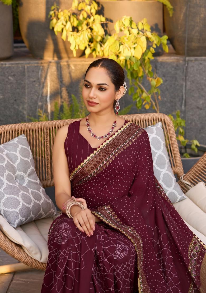 Maroon Abstract Print Cotton Blend Saree Set