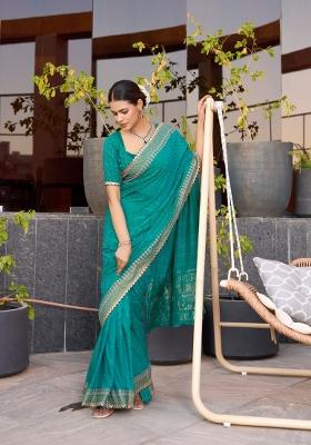Green Abstract Print Cotton Blend Saree Set
