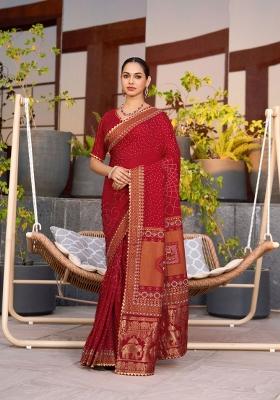 Maroon Abstract Print Cotton Blend Saree Set