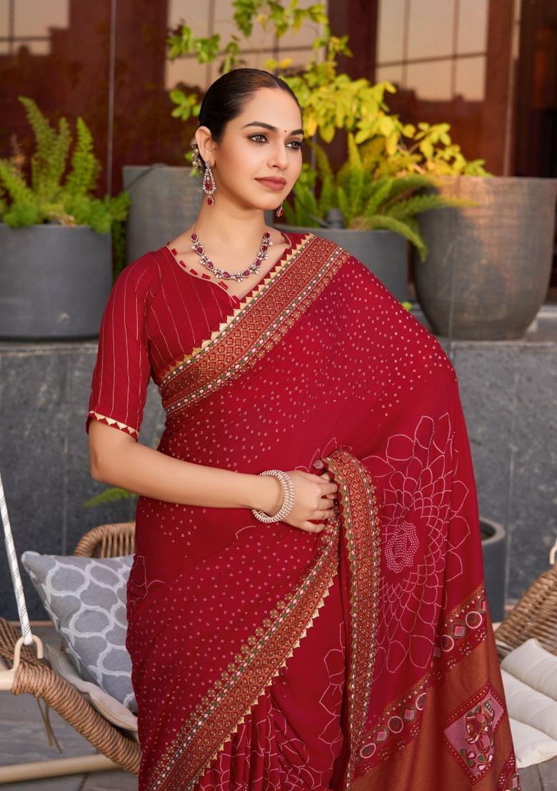 Maroon Abstract Print Cotton Blend Saree Set