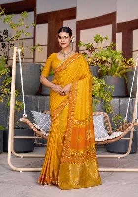 Yellow Abstract Print Cotton Blend Saree Set