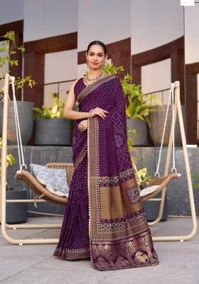 Violet Abstract Print Cotton Blend Saree Set