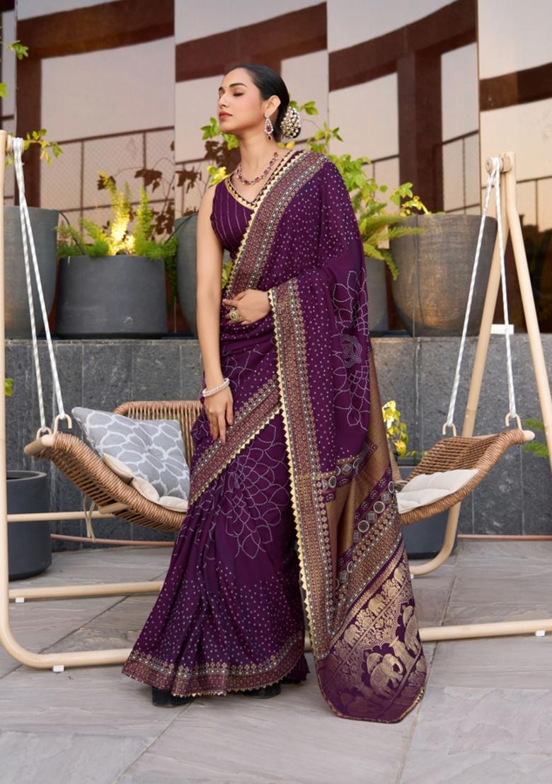 Violet Abstract Print Cotton Blend Saree Set