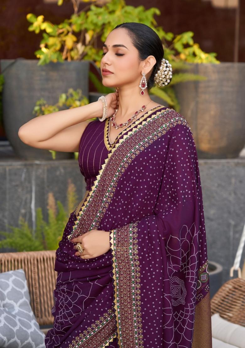 Violet Abstract Print Cotton Blend Saree Set