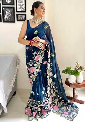 Navy Blue Embroidered Georgette Saree Set