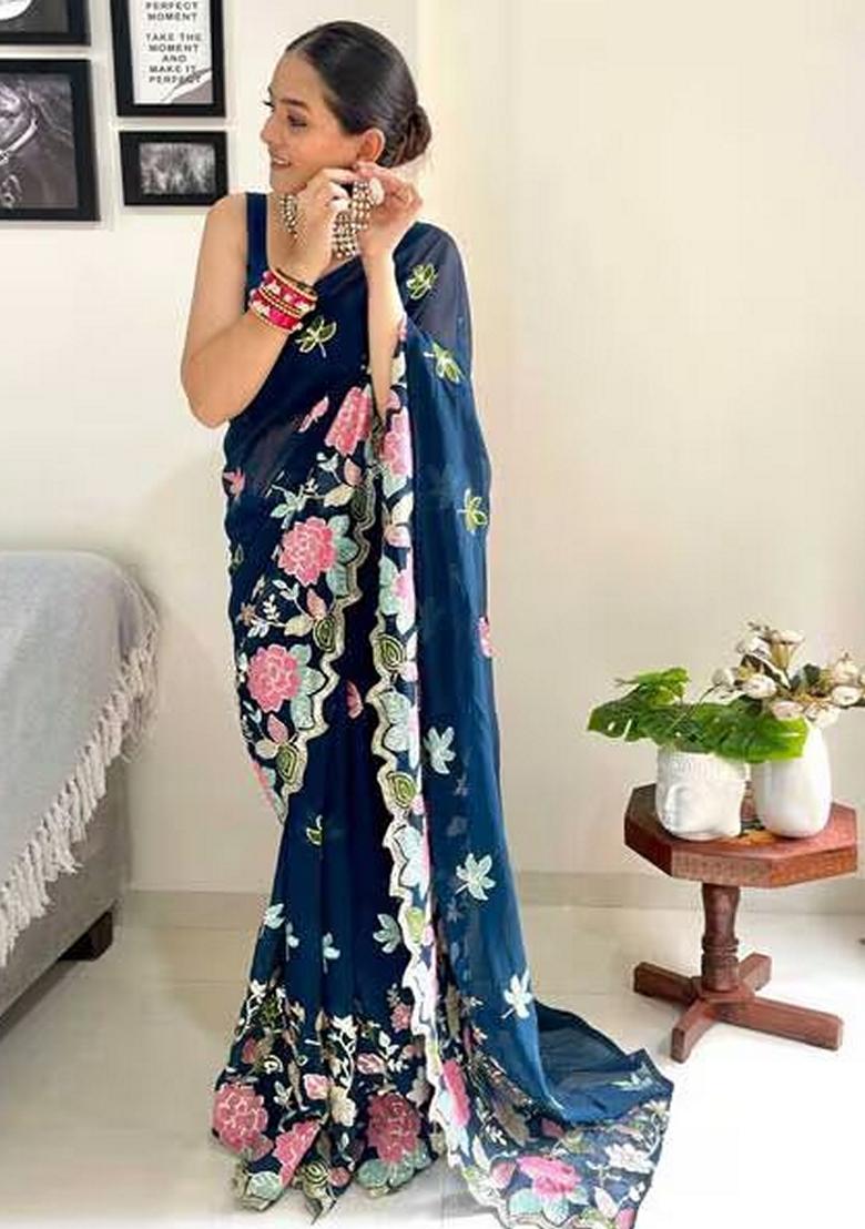 Navy Blue Embroidered Georgette Saree Set