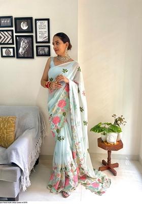 Sky Blue Embroidered Georgette Saree Set