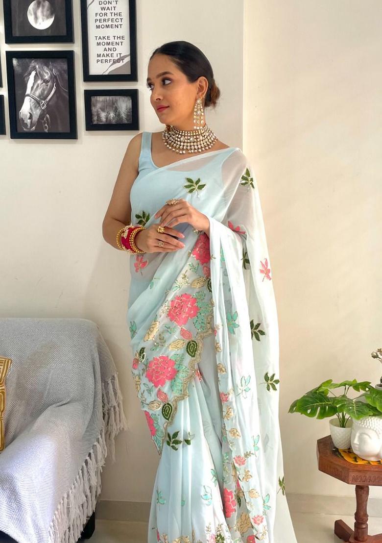 Sky Blue Embroidered Georgette Saree Set