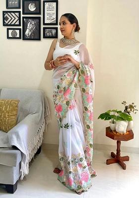 White Embroidered Georgette Saree Set
