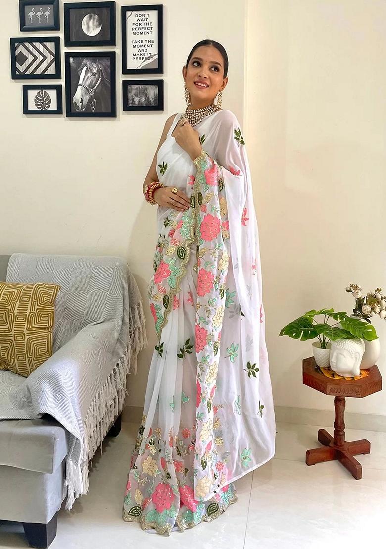 White Embroidered Georgette Saree Set