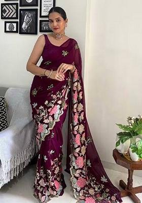 Maroon Embroidered Georgette Saree Set