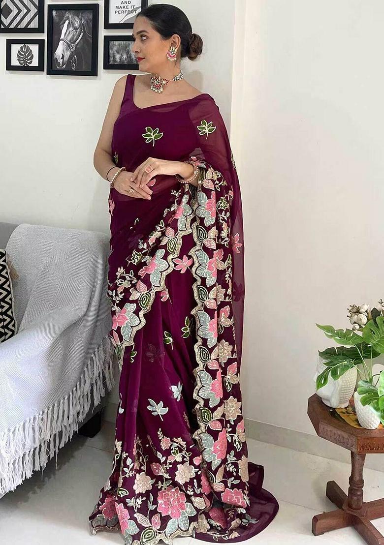 Maroon Embroidered Georgette Saree Set