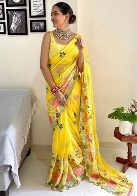 Yellow Embroidered Georgette Saree Set