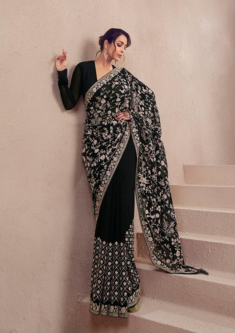 Black Embroidered Georgette Saree Set