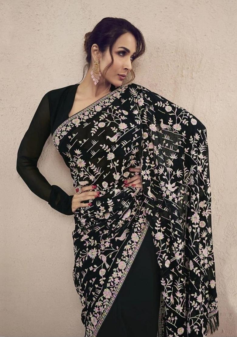 Black Embroidered Georgette Saree Set