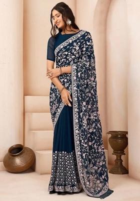 Morpeach Blue Embroidered Georgette Saree Set