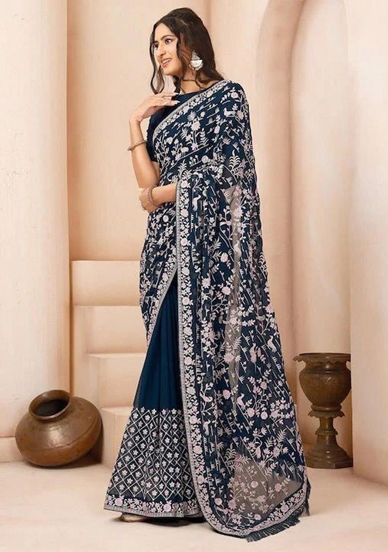 Morpeach Blue Embroidered Georgette Saree Set