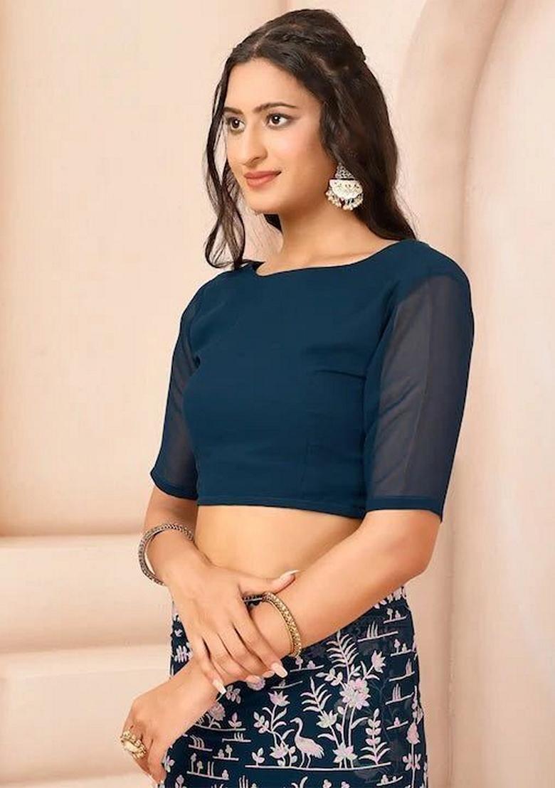 Morpeach Blue Embroidered Georgette Saree Set