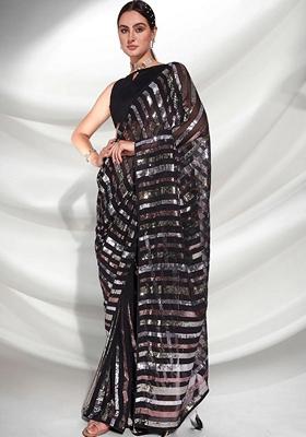 Black Embroidered Georgette Saree Set