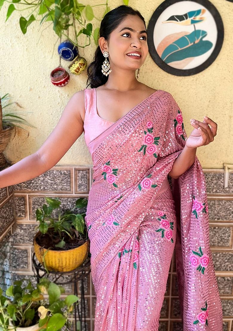 Baby Pink Sequin Embroidered Georgette Saree Set
