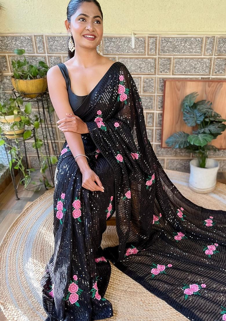 Black Sequin Embroidered Georgette Saree Set