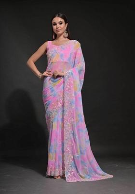 Baby Pink Sequin Embroidered Georgette Saree Set