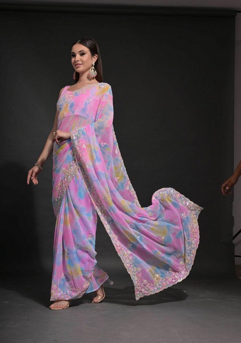 Baby Pink Sequin Embroidered Georgette Saree Set