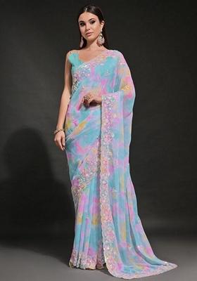 Firozi Sequin Embroidered Georgette Saree Set