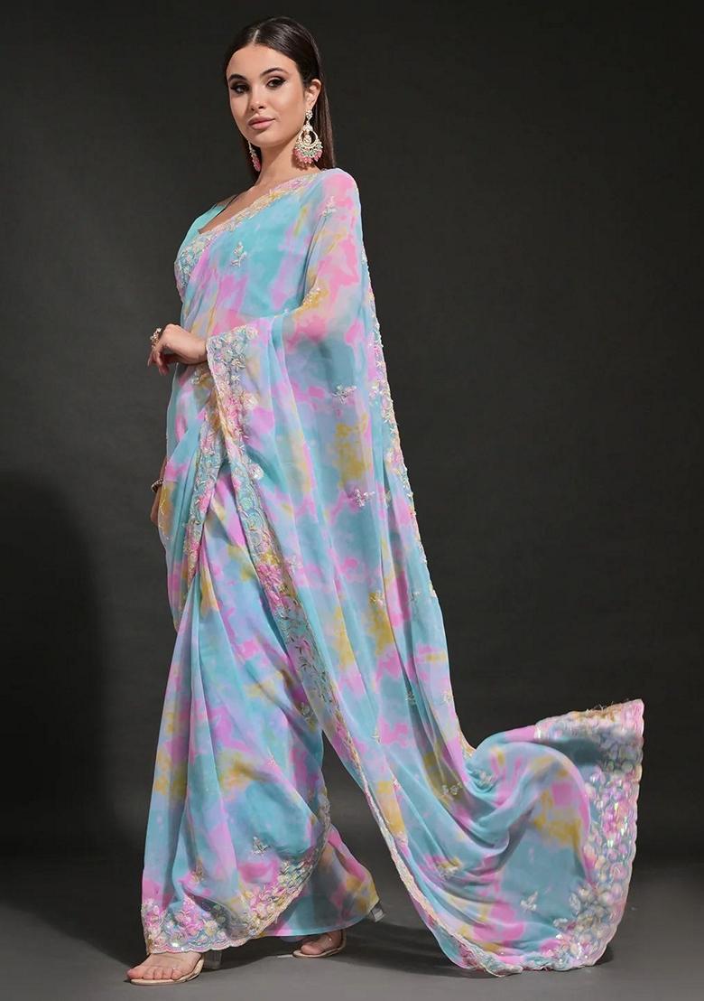 Firozi Sequin Embroidered Georgette Saree Set