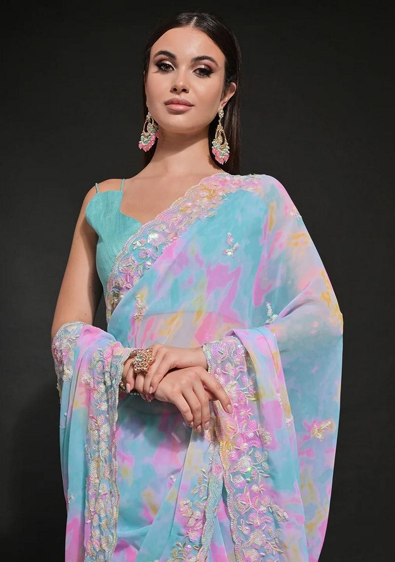 Firozi Sequin Embroidered Georgette Saree Set