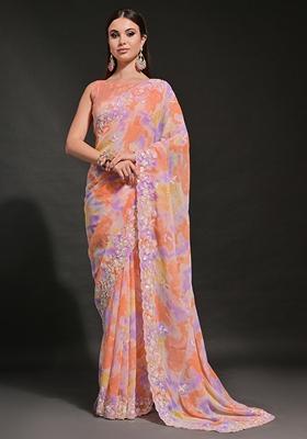 Peach Sequin Embroidered Georgette Saree Set