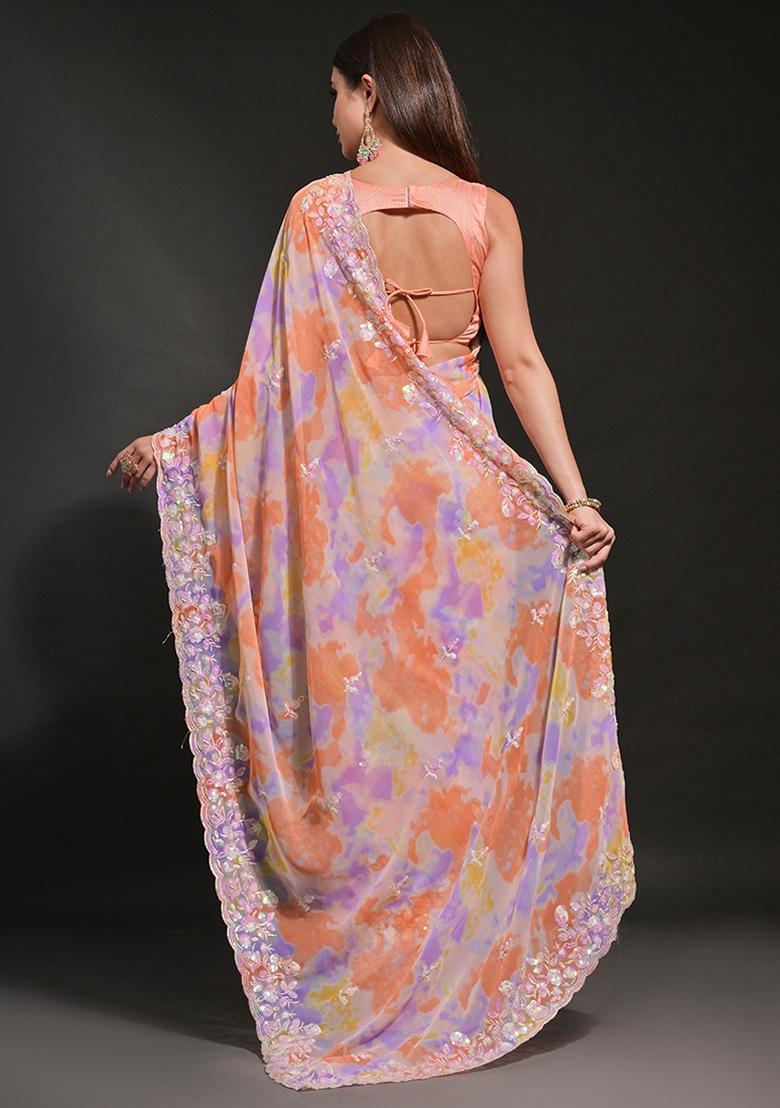 Peach Sequin Embroidered Georgette Saree Set