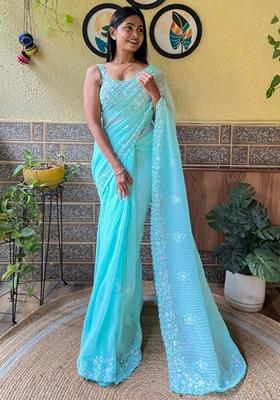 Firozi Sequin Embroidered Georgette Saree Set