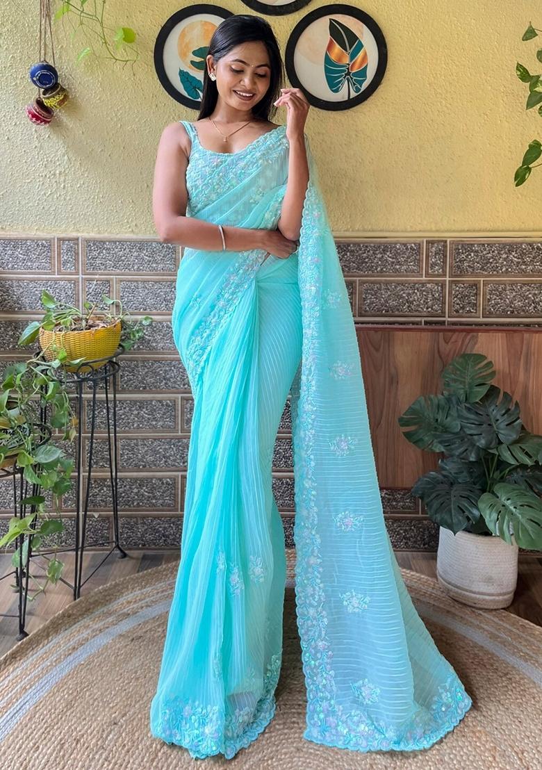 Firozi Sequin Embroidered Georgette Saree Set