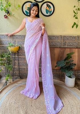 Lavender Sequin Embroidered Georgette Saree Set