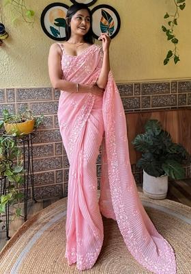 Peach Sequin Embroidered Georgette Saree Set