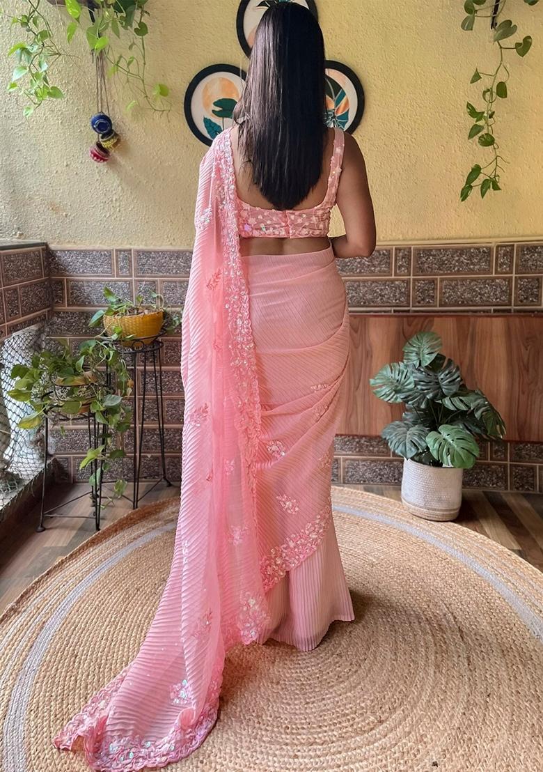 Peach Sequin Embroidered Georgette Saree Set