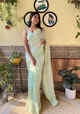 Pista Green Sequin Embroidered Georgette Saree Set