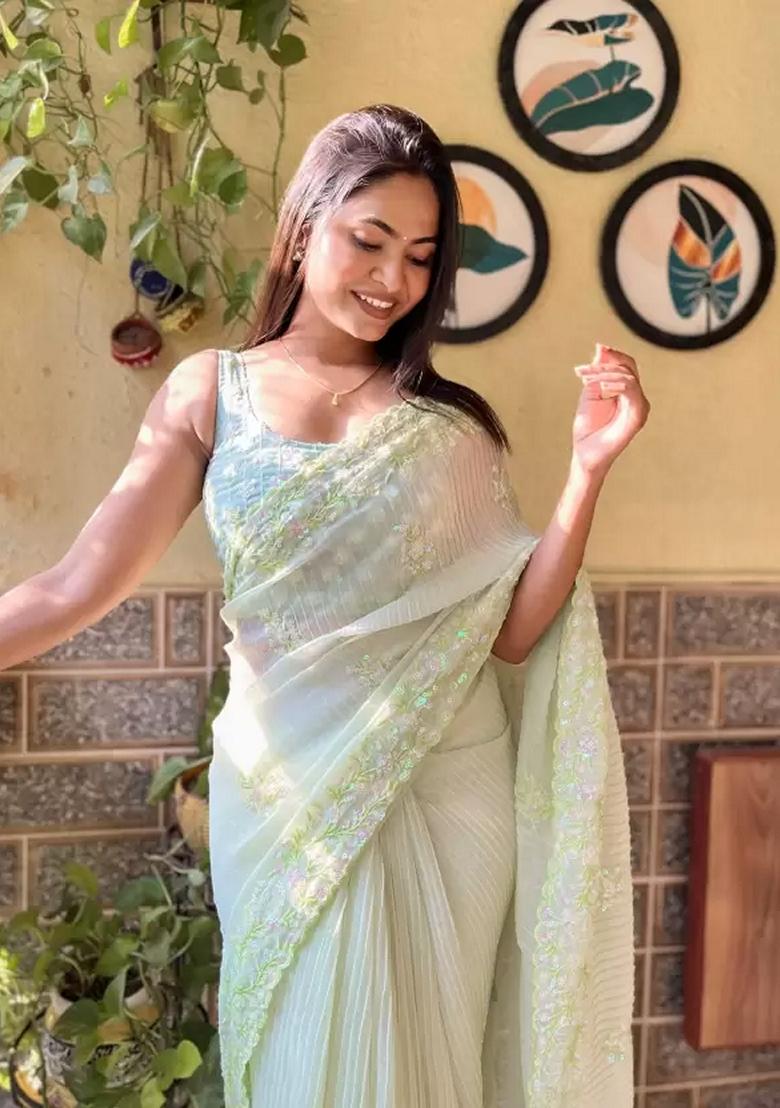 Pista Green Sequin Embroidered Georgette Saree Set