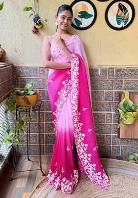 Baby Pink Sequin Embroidered Georgette Saree Set