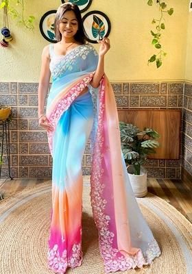 Firozi Sequin Embroidered Georgette Saree Set