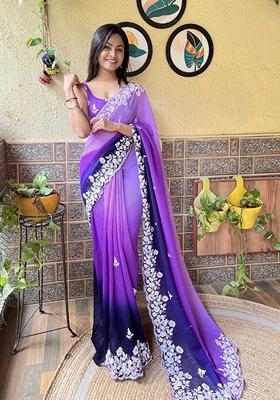 Purple Sequin Embroidered Georgette Saree Set