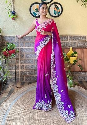 Rani Pink Sequin Embroidered Georgette Saree Set