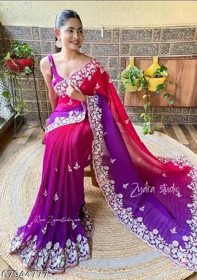 Rani Pink Sequin Embroidered Georgette Saree Set