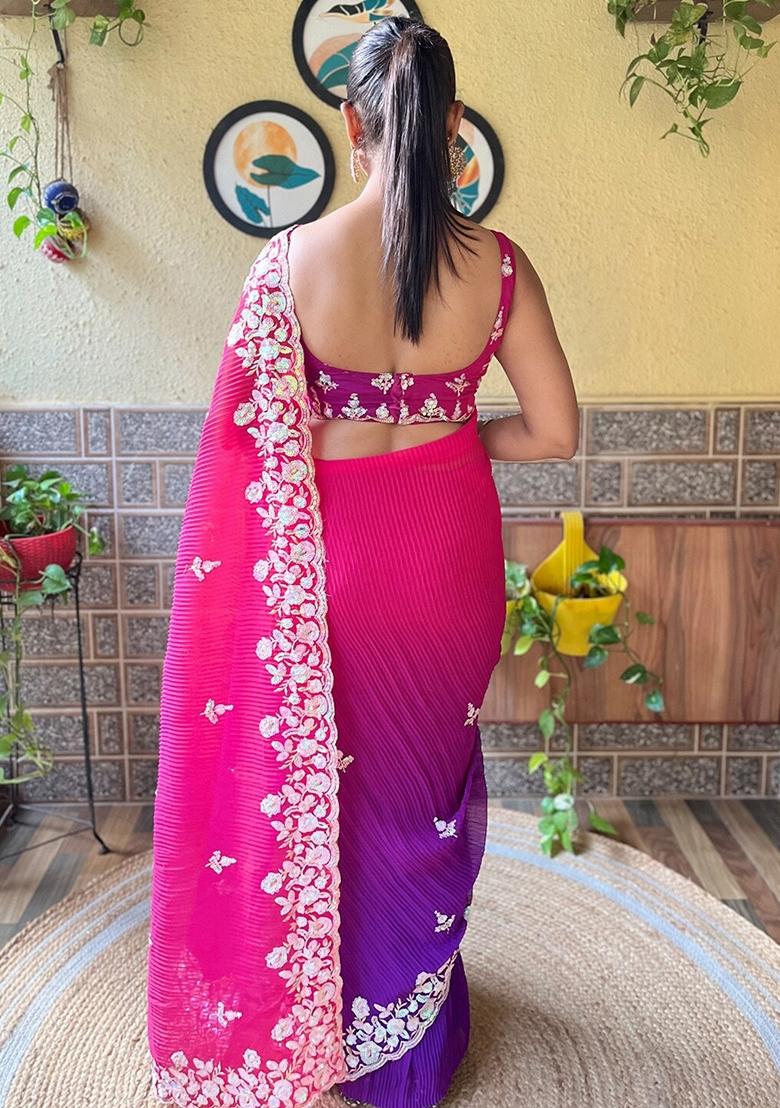 Rani Pink Sequin Embroidered Georgette Saree Set