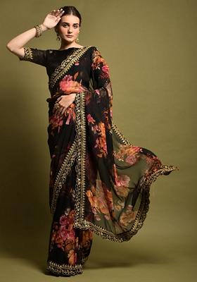 Black Sequin Embroidered Georgette Saree Set