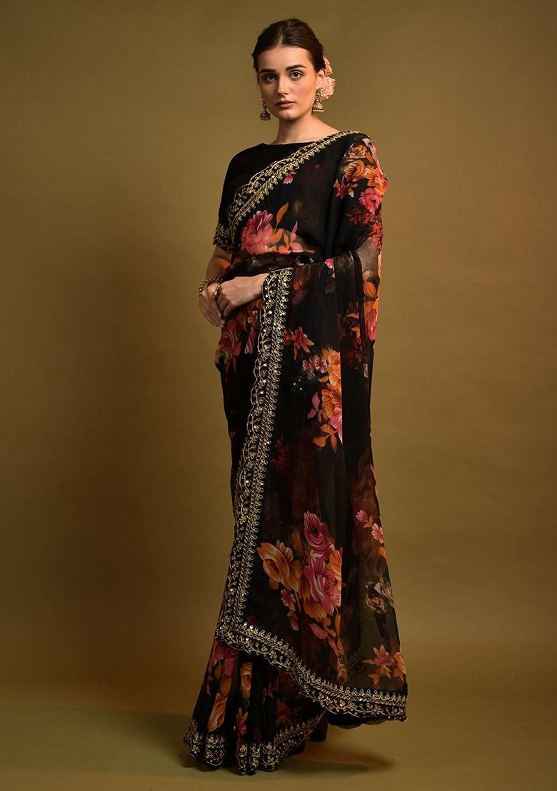 Black Sequin Embroidered Georgette Saree Set