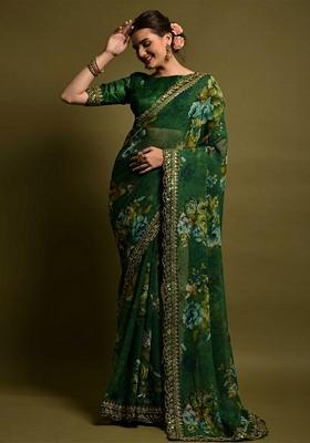 Green Sequin Embroidered Georgette Saree Set